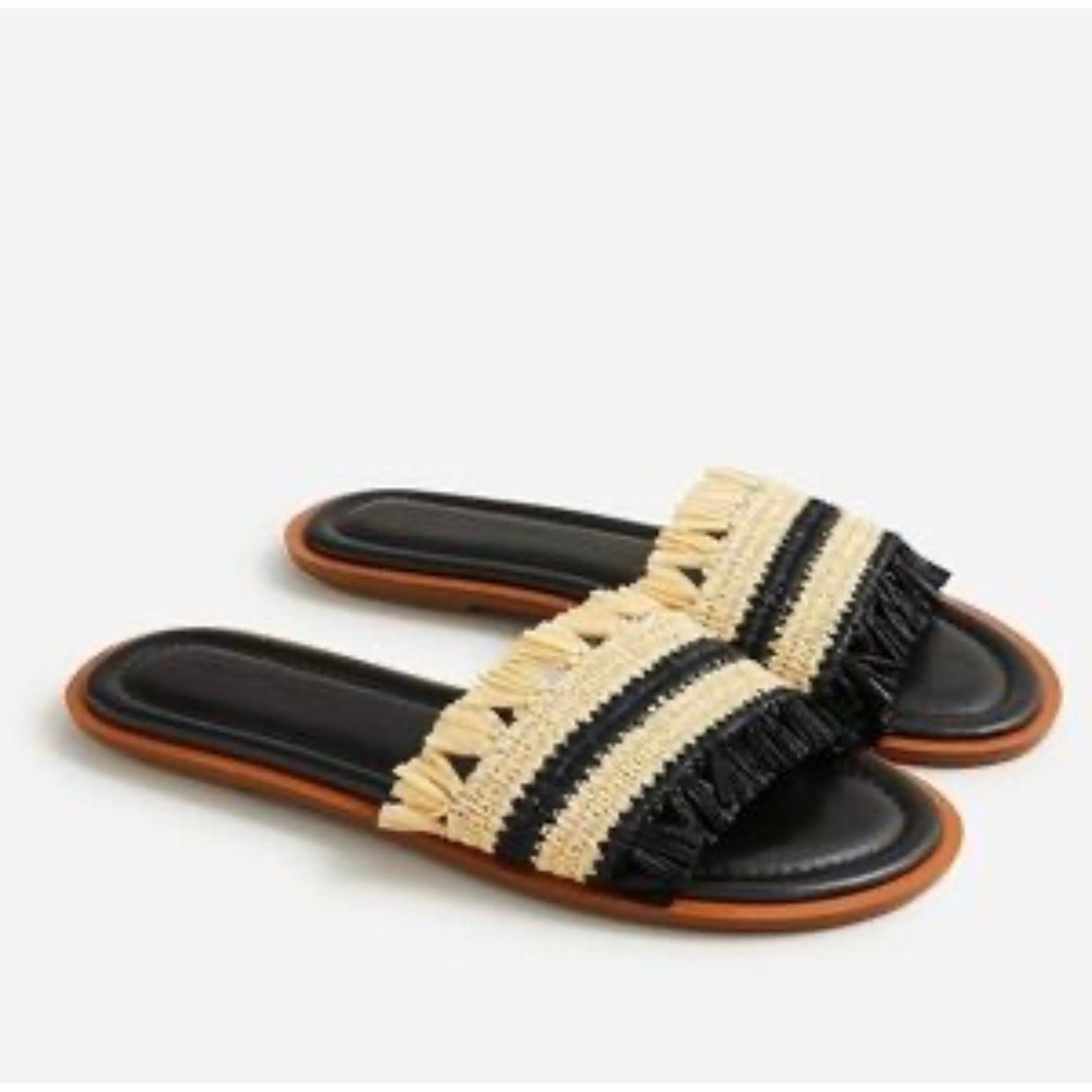 J. Crew Sorrento Raffia Fringe Slide‎ Sandals Black Tan Size 9